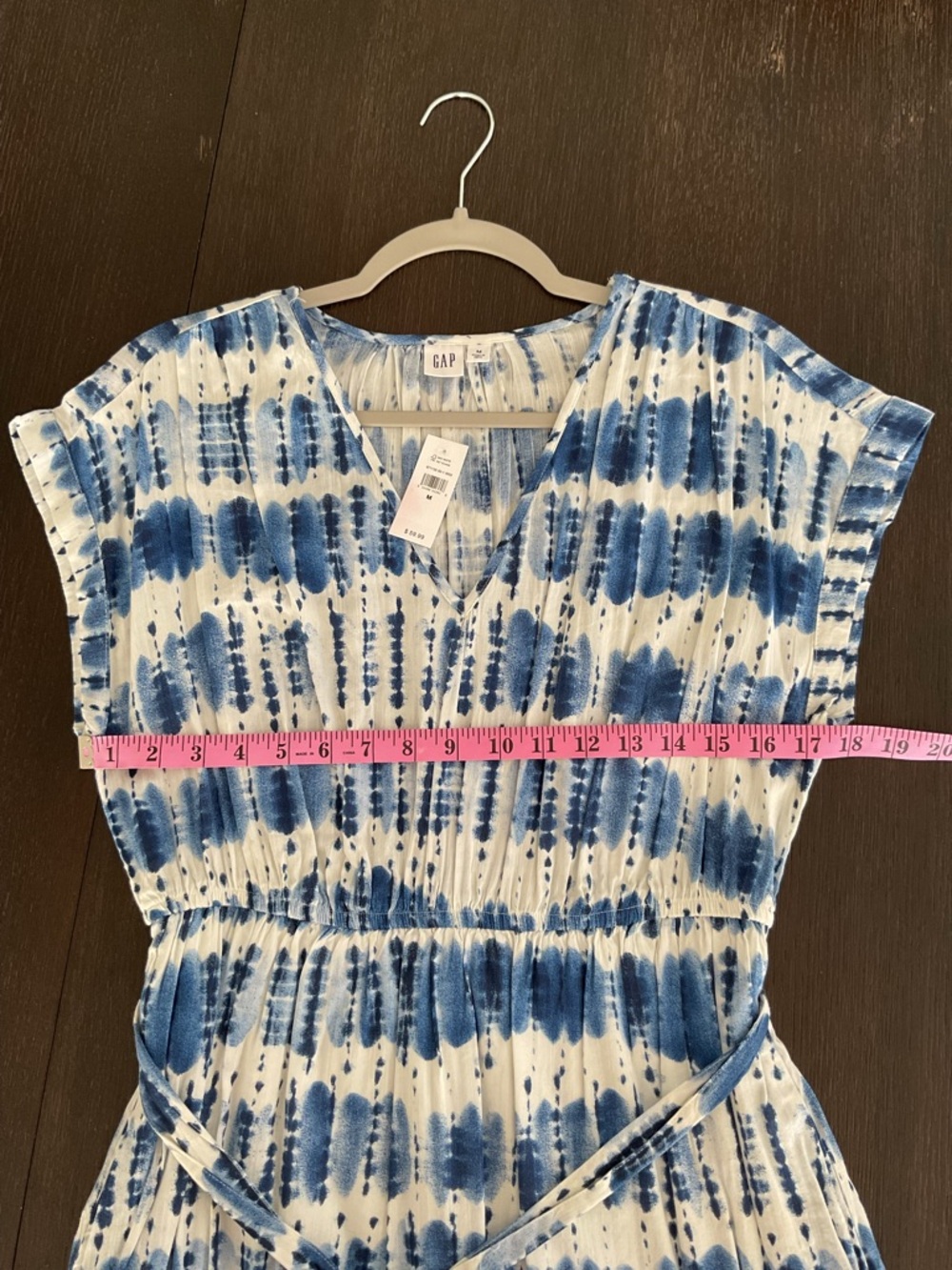 GAP Factory Blue and White Tie-Dye V-Neck Midi Dress with Waist Tie - Picture 6 of 8